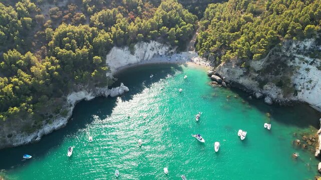 Aerial view of the beautiful and peaceful Portogreco Beach on the Gargano coastline, Puglia, Italy.