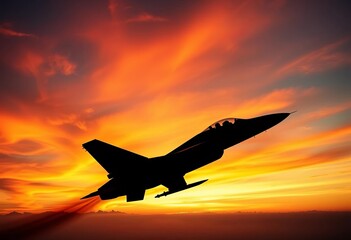 Silhouette of a jet fighter against a vibrant sunset sky,  majestic,  orange
