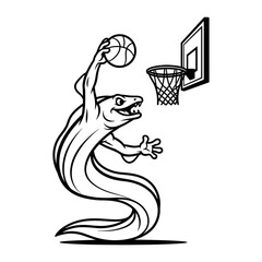 Striking black and white cartoon eel basketball player dunking, unique aquatic character.