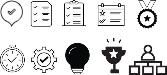  black and white business icons for checklist, planning, deadline, success, award, idea, management, productivity, leadership, and achievement
