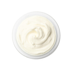 Tasty sour cream in bowl isolated on white, top view