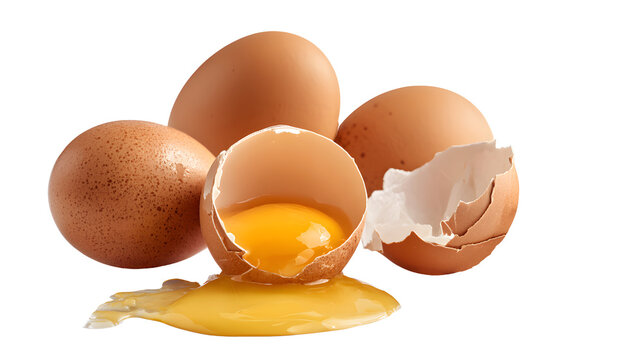 Whole brown eggs and cracked egg with yolk spilling out eggshell,  on a  transparent  background.