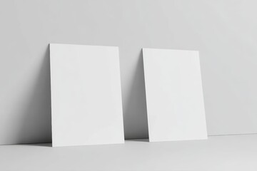 Naklejka premium Two blank A5 flyers placed side by side against a light gray wall, one horizontal and one vertical, both leaning slightly forward, minimal and clean setup