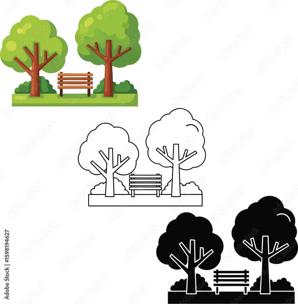 Poster park scene illustration with trees and bench in color outline and silhouette styles vector design