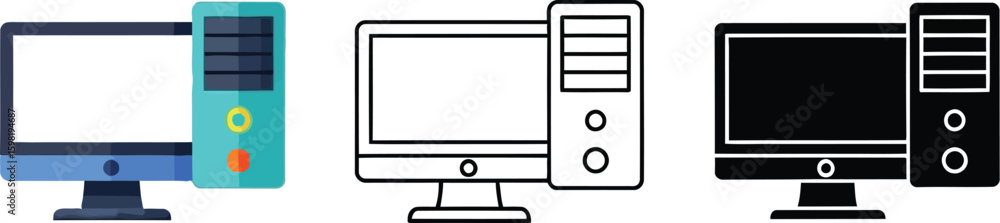 Poster computer desktop pc vector illustration icons set personal computer workstation technology design it