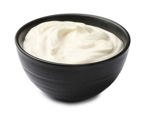 Tasty sour cream in bowl isolated on white