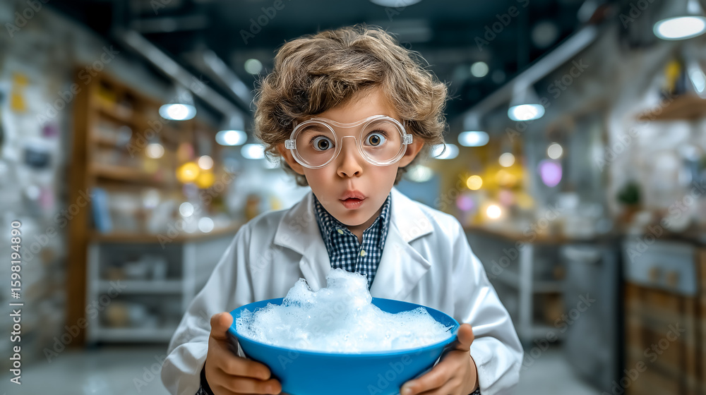 Aufkleber child looking at camera with surprise expression while holding bowl of fluffy snow-like material. br