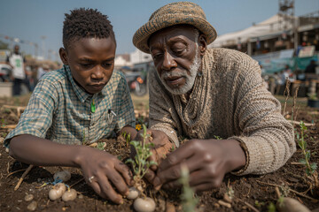 Grandfather and Grandson Planting Together