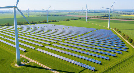A vast, green, grassy field with numerous wind turbines and solar panels scattered across it, under a clear blue sky.