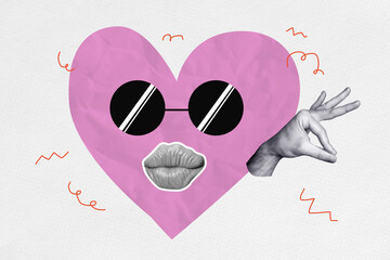 Composite poster image art collage of hand show mouth talk imitation heart icon sunglass pouted lips emoji fake news propaganda