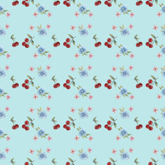 Seamless Cherry and Floral Pattern on Blue Background – Vintage Fruit and Flower De