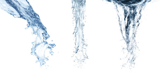 Set of three dynamic downward water streams with turbulent splash detail and realistic fluid motion, front view, cool tones, transparent background for concept design and commercial use