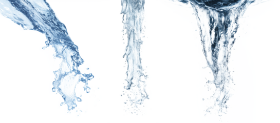 Set of three dynamic downward water streams with turbulent splash detail and realistic fluid motion, front view, cool tones, transparent background for concept design and commercial use