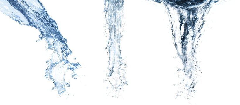 Set of three dynamic downward water streams with turbulent splash detail and realistic fluid motion, front view, cool tones, transparent background for concept design and commercial use
