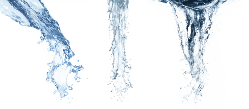 Set of three dynamic downward water streams with turbulent splash detail and realistic fluid motion, front view, cool tones, transparent background for concept design and commercial use