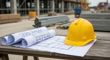 A yellow hard hat and rolled-up blueprints on a wooden table at a construction site.
