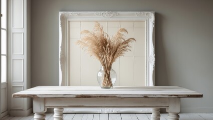 A vase with dried pampas grass on a rustic table in a room with a decorative mirror and natural light.