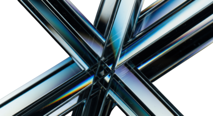 Abstract intersecting geometric metal bars with subtle rainbow light reflections transparent background