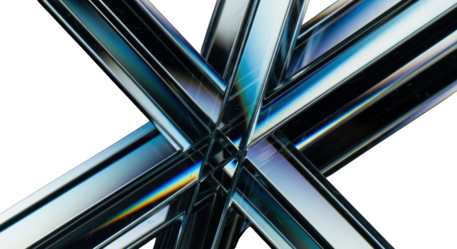 Abstract intersecting geometric metal bars with subtle rainbow light reflections transparent background