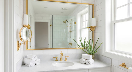 Elegant bathroom vanity with gold accents and white towels sink faucet