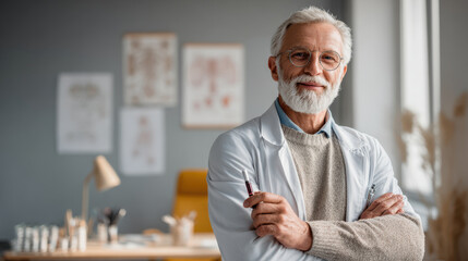 confident urologist stands in welllit office holding medical instrument and wearing warm smile