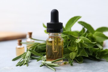 Bottle of essential oil and herbs on light grey table, closeup