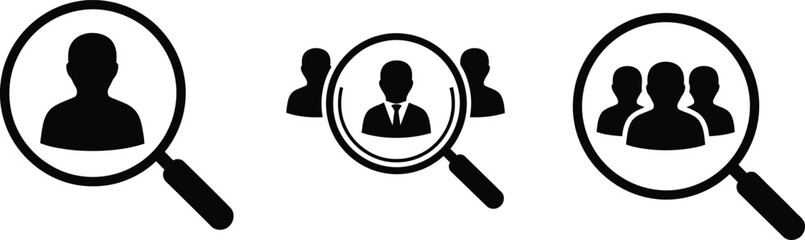 User Search Icon Set – Magnifying Glass over Individual, Professional, and Group Silhouettes for Recruitment and Analytics UI