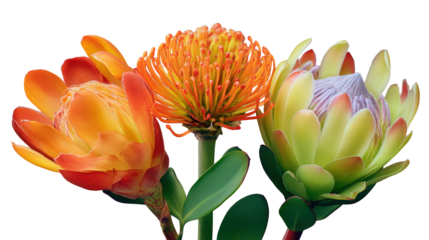 Protea Waratah and Leucospermum arrangement angled right highlighting contrasting orange and red tones, with transparent background