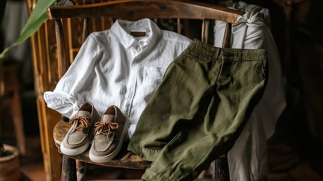 Casual attire a white shirt, olive pants, and moccasin shoes rest on a wooden chair with a leafy plant nearby