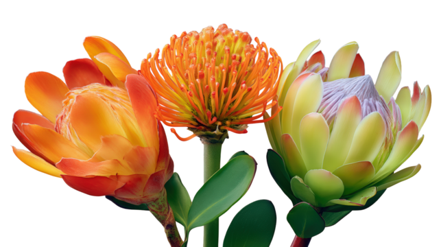 Protea Waratah and Leucospermum arrangement angled right highlighting contrasting orange and red tones, with transparent background