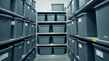 Exploring a modern warehouse storage system with stacked plastic containers