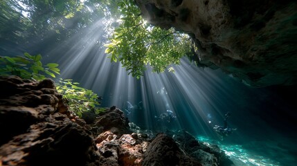 Breathtaking sunlight beams penetrate a cave, illuminating an underwater paradise in a tropical location during midday