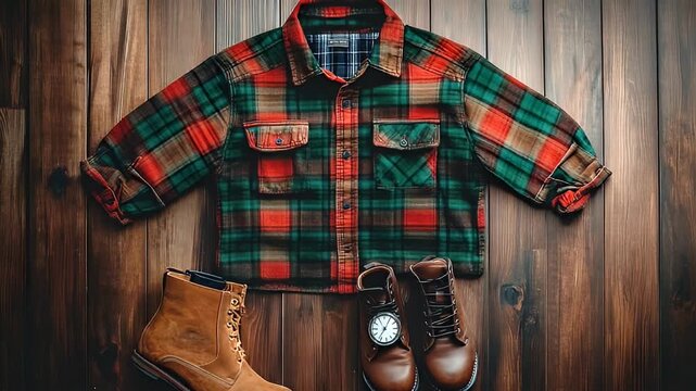 Flatlay of a plaid shirt, boots and a watch on a woodgrain surface, creating a rustic, warm aesthetic