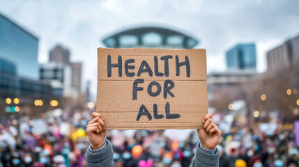 People raise sign reading health for all during rally advocating for universal healthcare. Urban backdrop features tall buildings and cloudy sky. Concept of health advocacy, social justice, activism