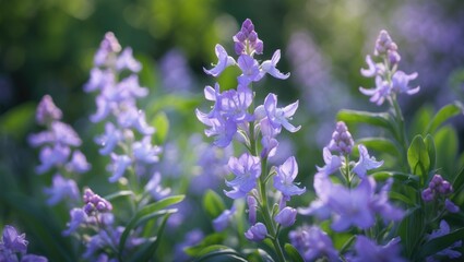 Fototapeta premium Purple flowers in a garden with green foliage and sunlight filtering through. Seasonal blossoms and floral display. The scene of vibrant and blooming flowers.