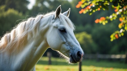 Obraz premium White horse outdoors in nature with greenery and autumn-colored leaves, showcasing a peaceful and natural scene.