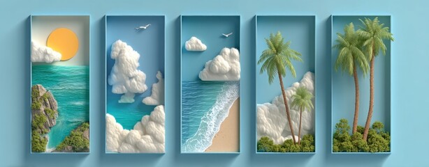 Tropical beach landscape with ocean waves, palm trees, and clouds inside five pastel blue 3D wall frames Generative AI