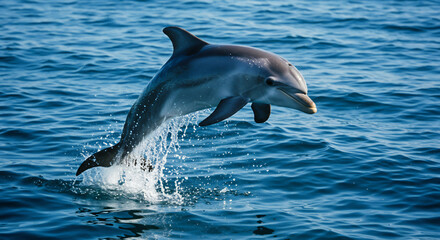 Obraz premium Leaping Dolphin Sleek Gray Marine Mammal Emerging from the Ocean.