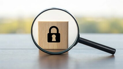 Block with password icon under magnifying glass — scrutiny and protection of login credentials
