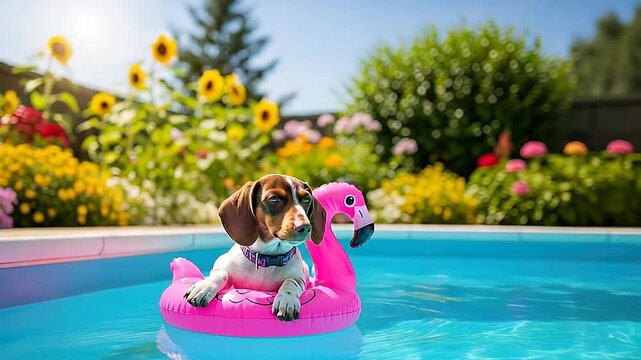Dog relaxing on flamingo pool float in garden