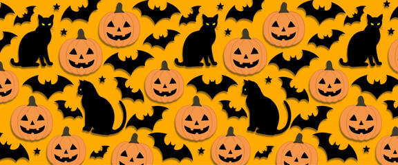 Spooky Halloween Orange Pattern with Black Cats, Jack-o'-Lanterns, and Flying Bats for Festive Holiday Backgrounds