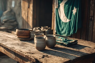 Rustic pottery cups and bowls displayed on a weathered wooden table with a Pakistani flag hanging in the background, evoking a sense of tradition and craftsmanship.
