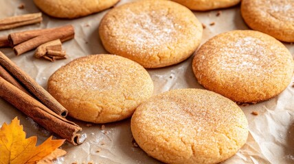 Naklejka premium Flat lay of round cinnamon cookies with cracked golden surfaces and sugar dusting on crinkled parchment paper