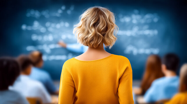 Student with blonde curly hair focuses on teacher explaining concepts at chalkboard in educational setting. Classroom filled with engaged students. Concept of education, learning, teaching