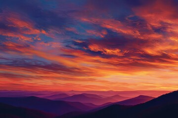 Obraz premium Mountain range silhouette in fiery sunset. Backdrop. Nature imagery, travel use