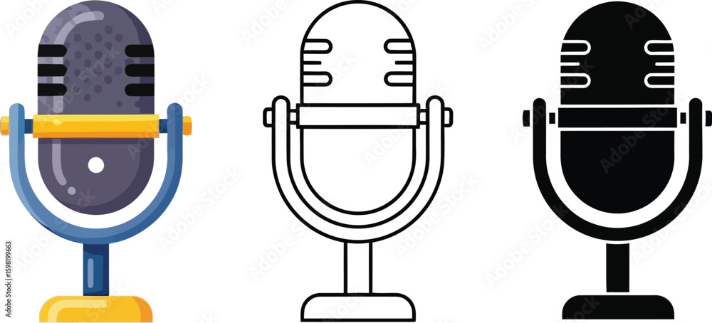 Poster microphone vector illustration set for podcast radio broadcast and studio recording design element