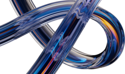 Abstract chrome ribbon with blue and orange highlights against black isolate metallic