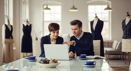 Fashion Entrepreneurs Collaborating On Design Ideas With Laptop In Creative Studio