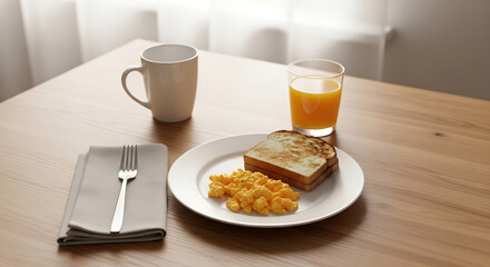 Scrambled eggs toast orange juice and coffee breakfast