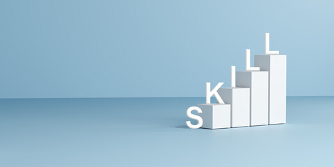 Skills spelled on white blocks arranged as ascending steps, set against a light blue background, symbolizing growth, learning, career development, up skills, and personal improvement. 3D render